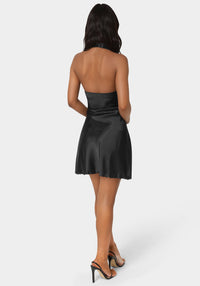 Back View-Satin Sash Neck Mini Dress-BLACK