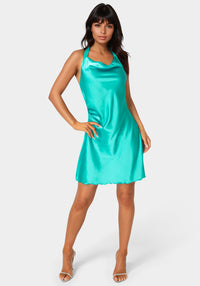 Front View-Satin Sash Neck Mini Dress-JADE