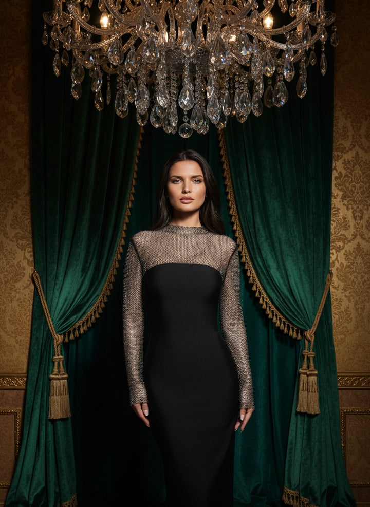 Long Sleeve Bandage Midi Dress with Crystal Mesh Combo