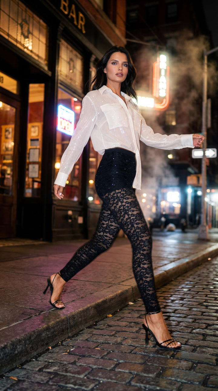 High Waist Embellished Stretch Lace Legging