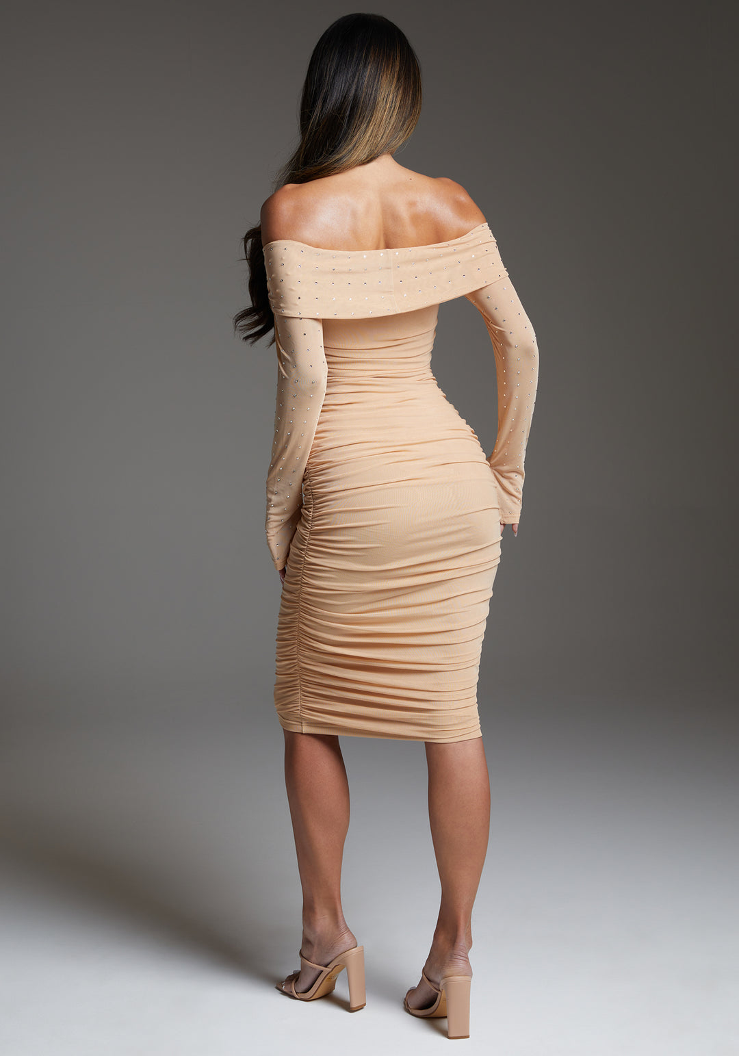 bebe Off Shoulder Mesh Midi Dress Embellished With Crystals by Swarovs bebe Off Shoulder Mesh Midi Dress Embellished With Crystals by Swarovs