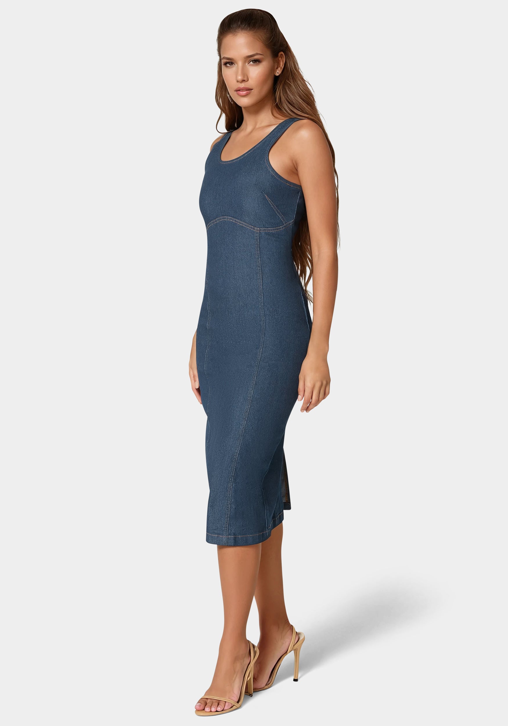 Women Bebe Sleeveless Slim Denim Midi Dress L Indigo