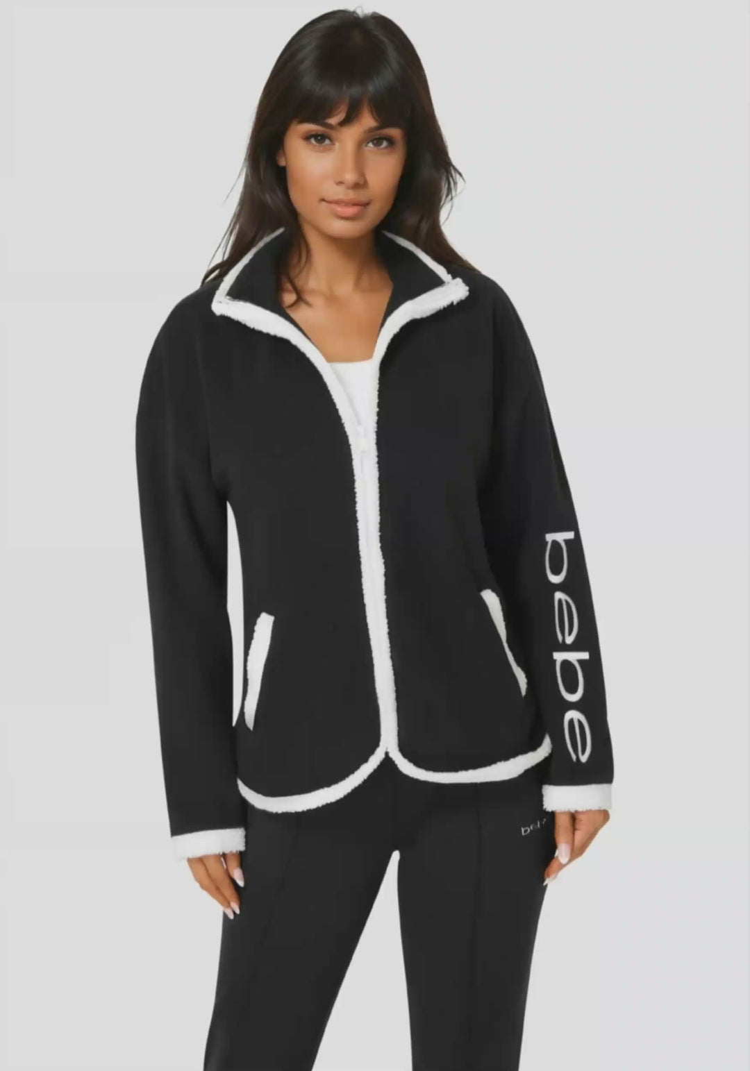 Video-Polar Fleece Jacket With Teddy Fur Trim-BLACK/WHITE