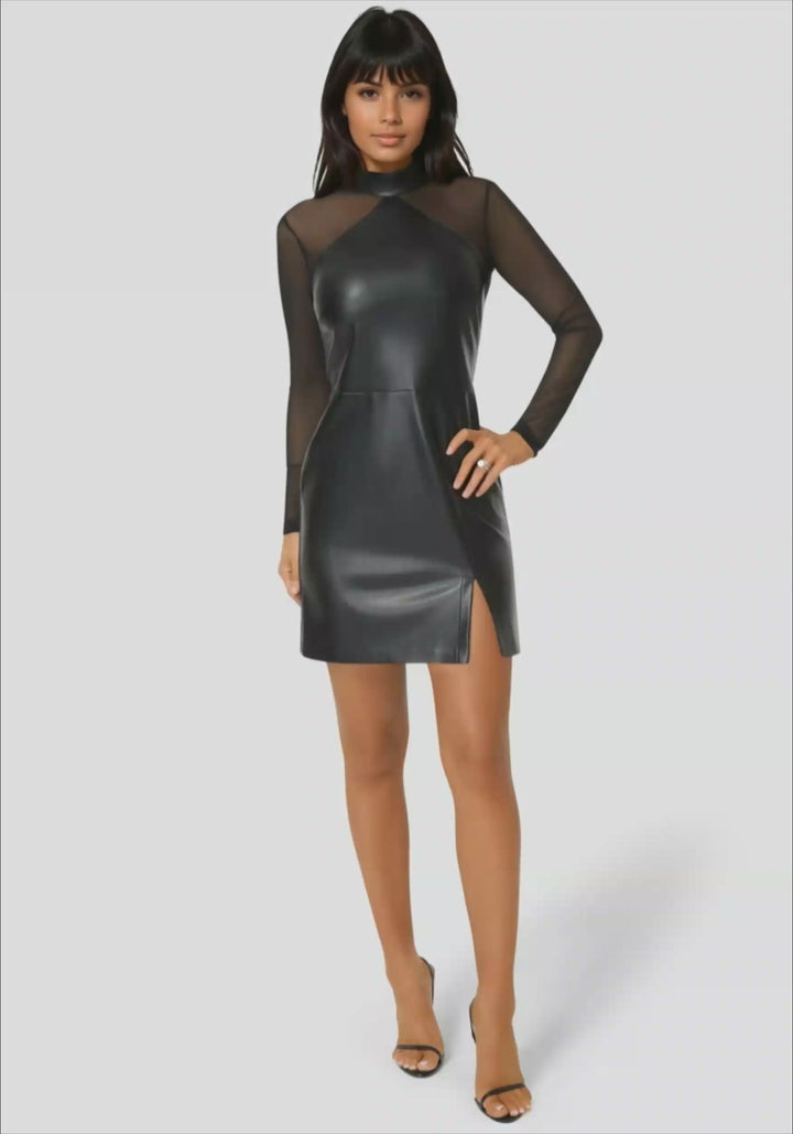 Video-Faux Leather and Mesh Mock Neck Mini Dress-Black