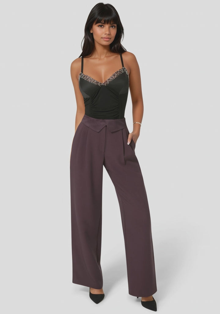 Video-Tailored Foldover Waistband Wide Leg Pant-COCO BORDEAUX