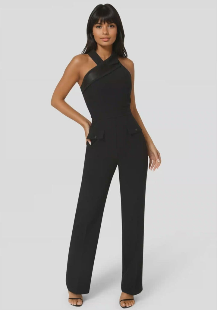 Video-Tuxedo Straight Flared Leg Jumpsuit-BLACK