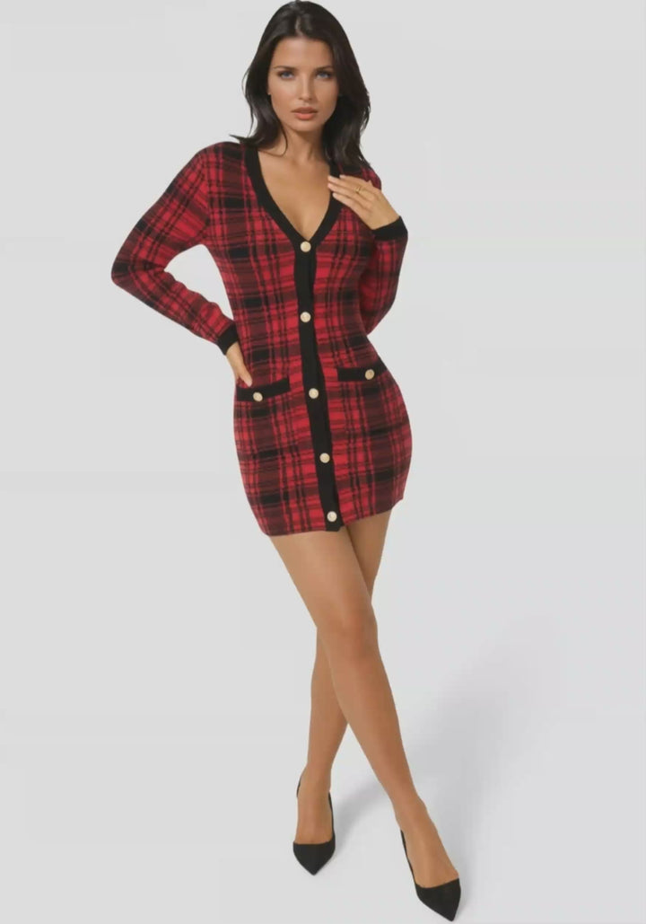 Video-Plaid Faux Cardi Dress-Red/Black