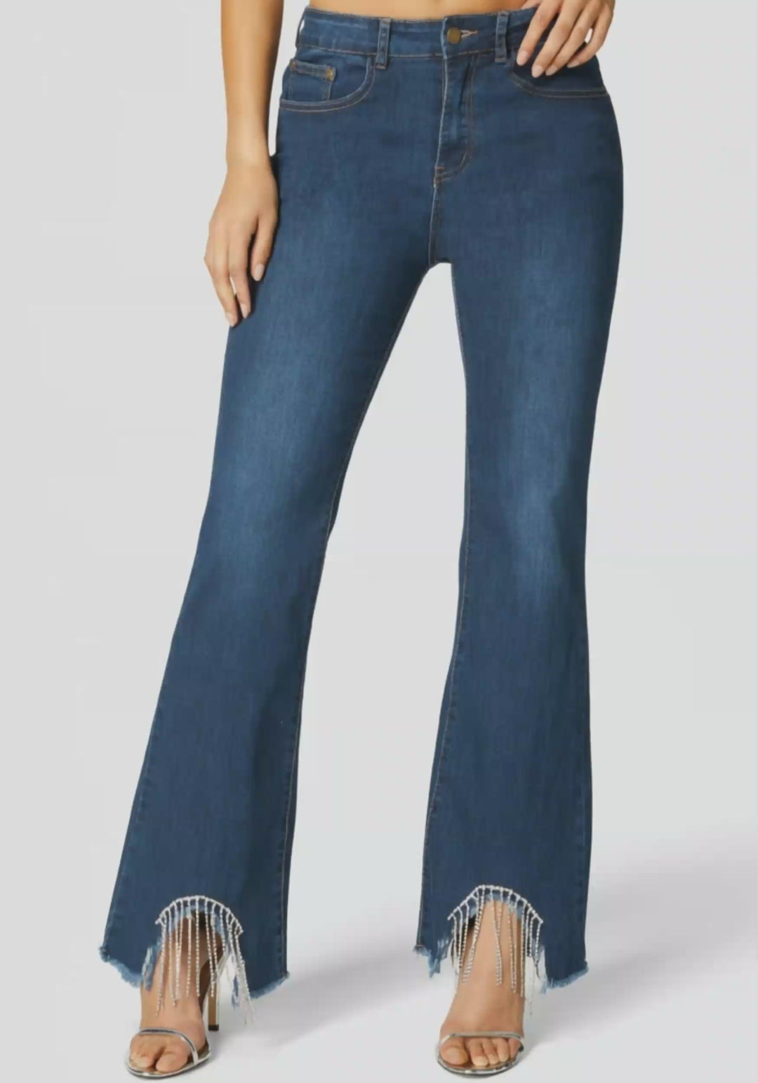 Video-Flare Pant With Rhinestone Fringe-Indigo Wash