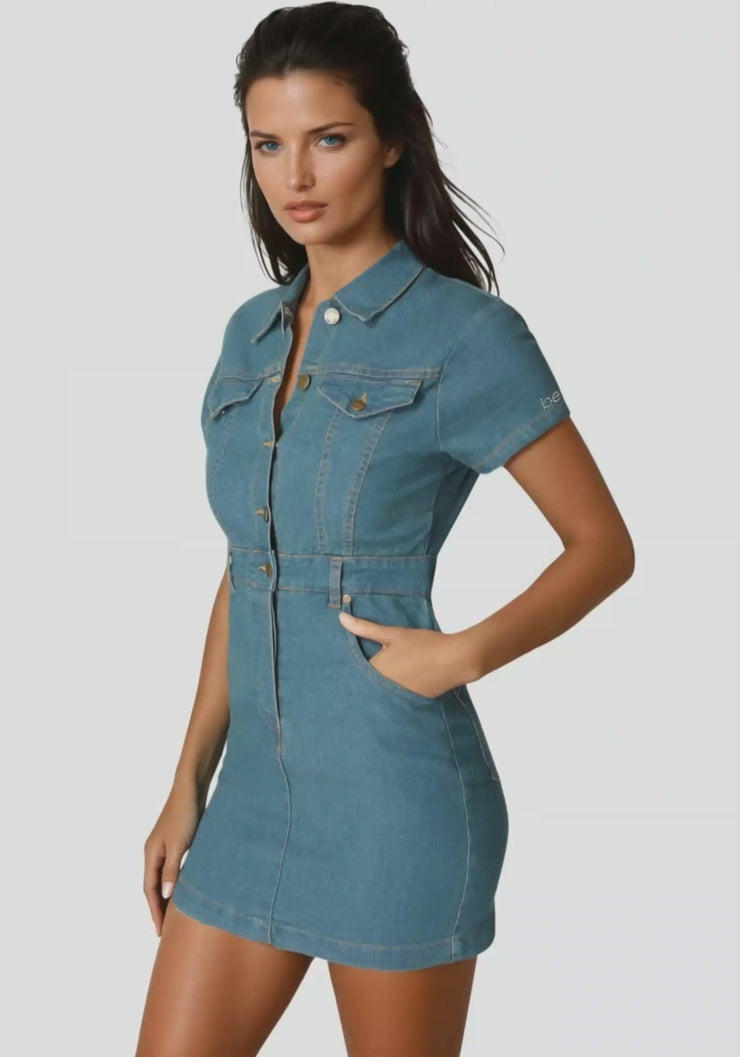 Bebe Women's The Shirt Dress, Size Large in Medium Vintage Wash Cotton/Spandex/Viscose