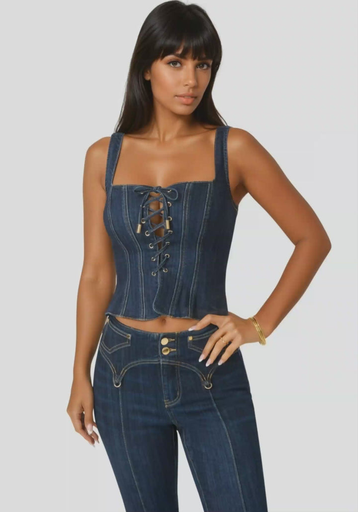 Video-Lace Up Corset Denim Top-MIDNIGHT BLUE WASH
