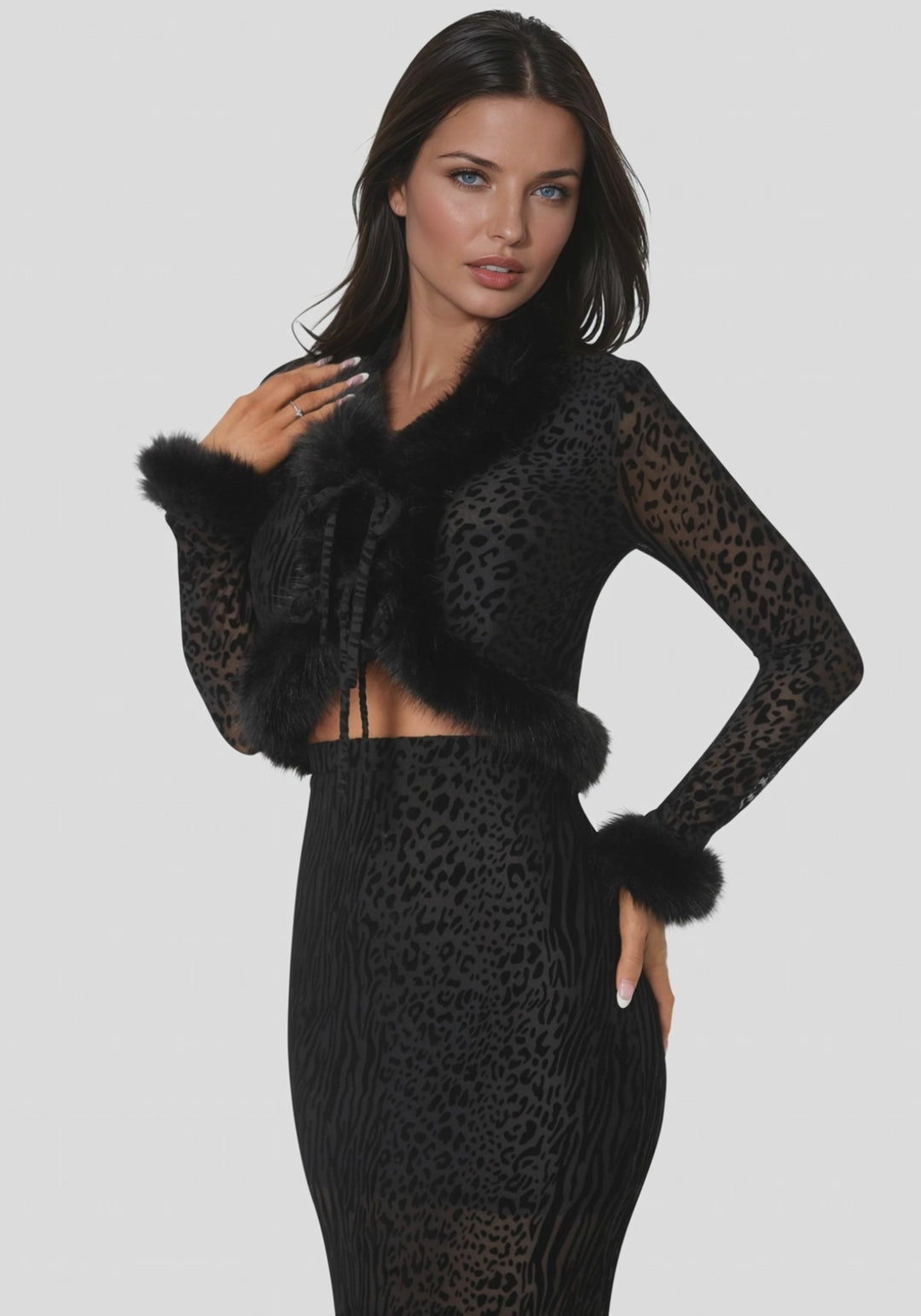 Video-Animal Mesh Faux Fur Trim Long Sleeve Top-BLACK