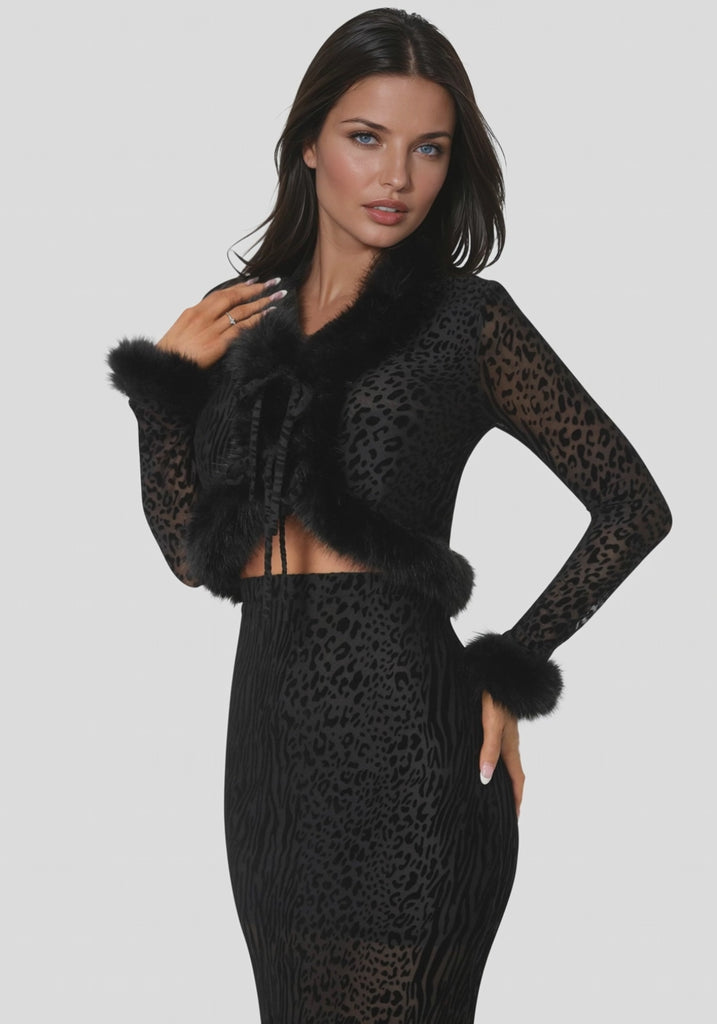 mesh long sleeve faux fur dress Animal Mesh Faux Fur Trim Long Sleeve Top – bebe