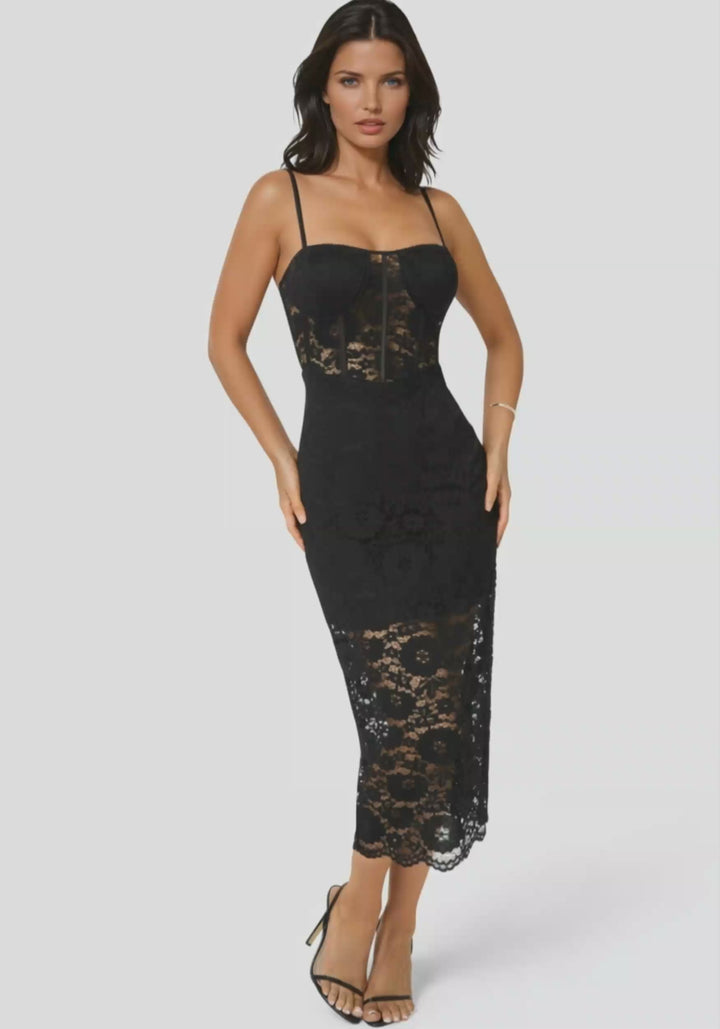 Video-Lace Corset Midi Dress-Black