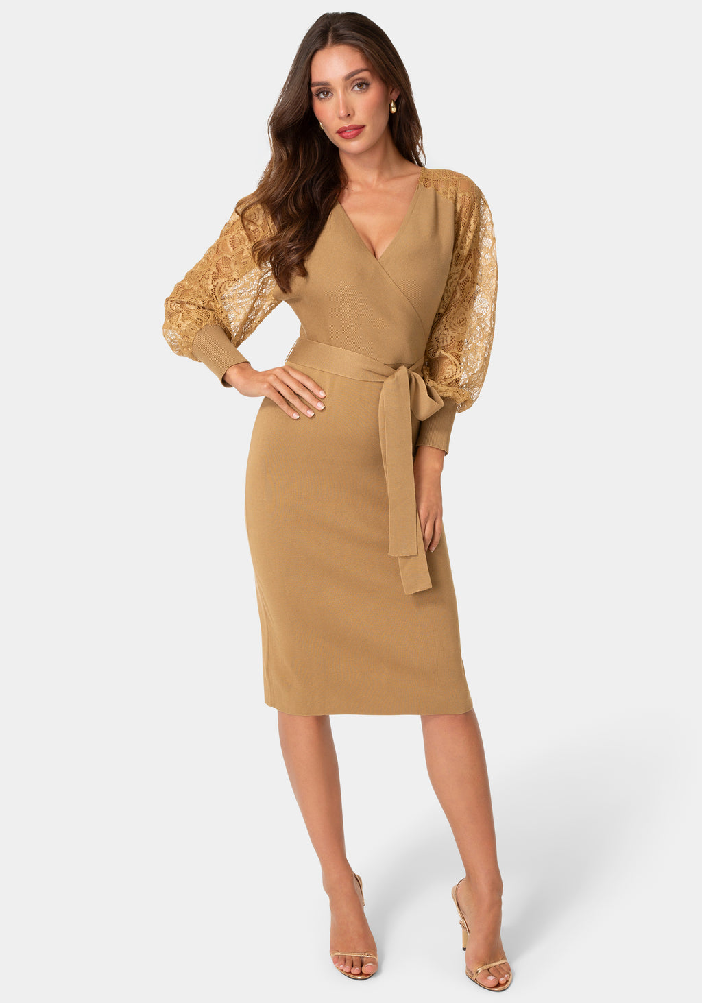 Front View-Lace Detail Sweater Midi Dress-Camel