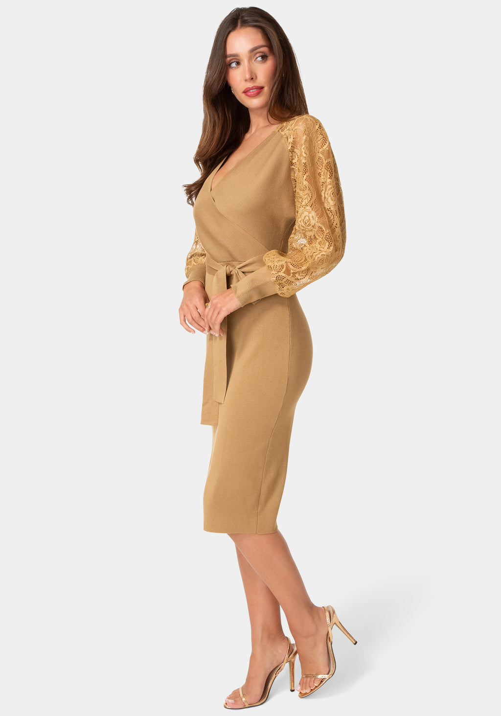 Side View-Lace Detail Sweater Midi Dress-Camel