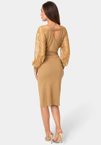 Back View-Lace Detail Sweater Midi Dress-Camel