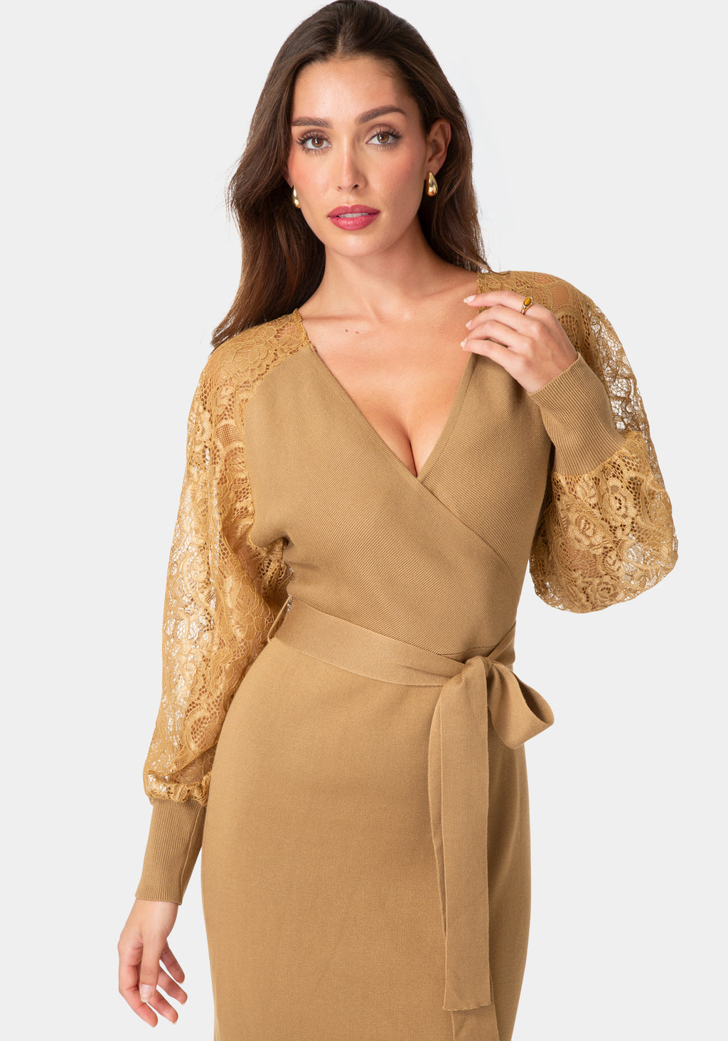 Other View-Lace Detail Sweater Midi Dress-Camel