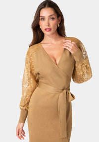 Other View-Lace Detail Sweater Midi Dress-Camel