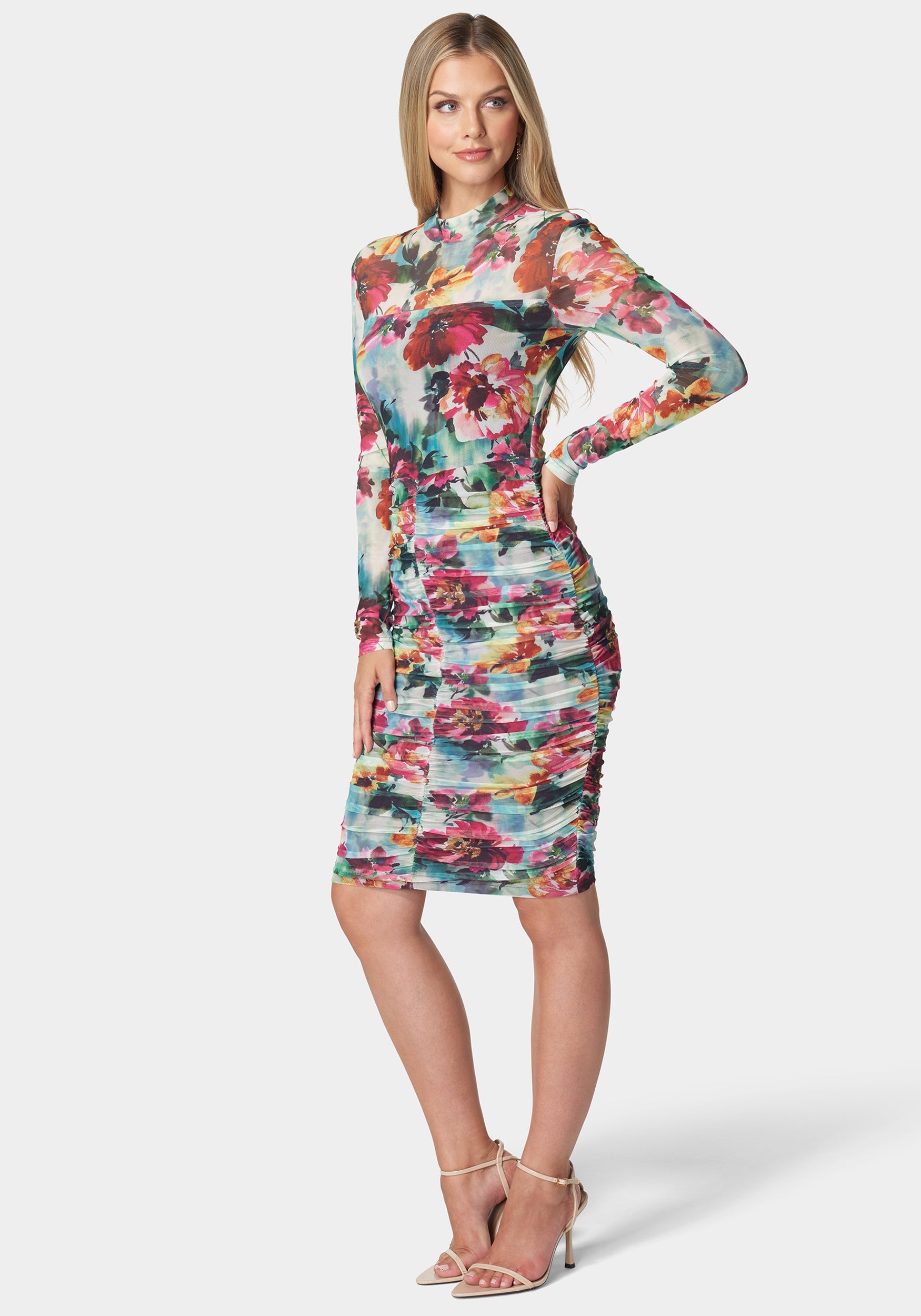 White Ruched Mesh Midi Dress main image 0