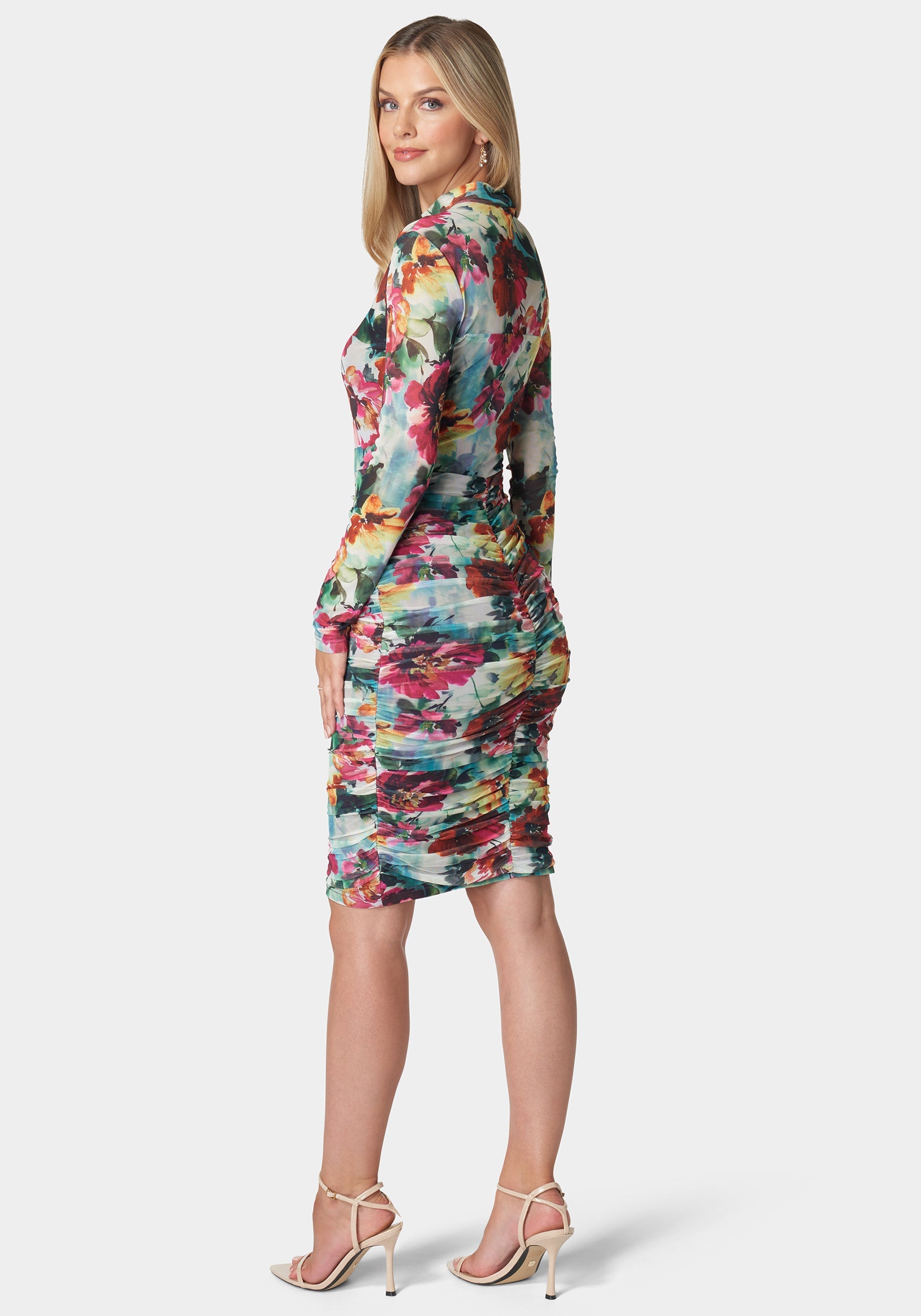 Ruched Mesh Sheath Midi Dress
