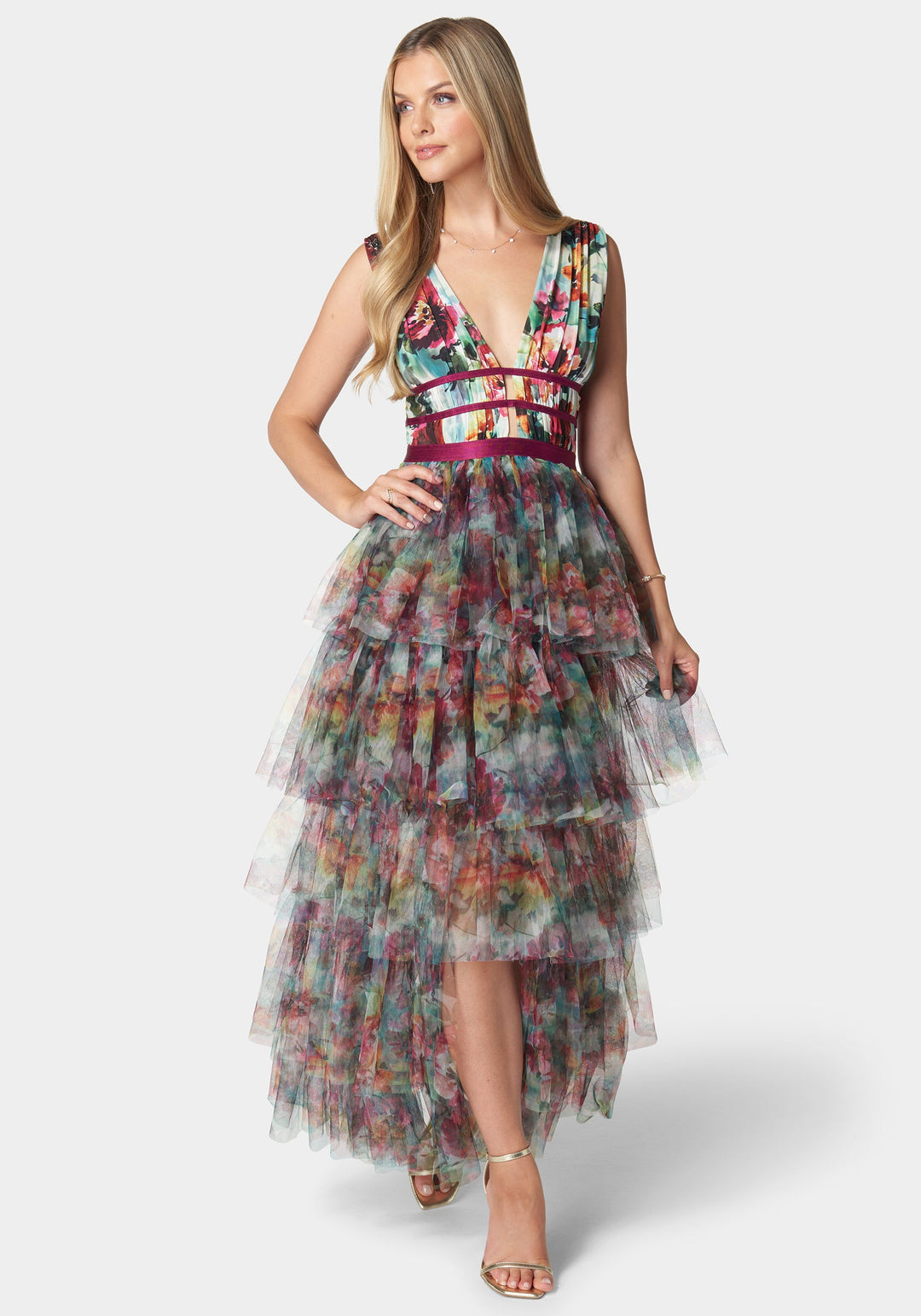 Bebe Women's Tiered High Low Gown, Medium Bebe Women's Tiered High Low Gown, Medium
