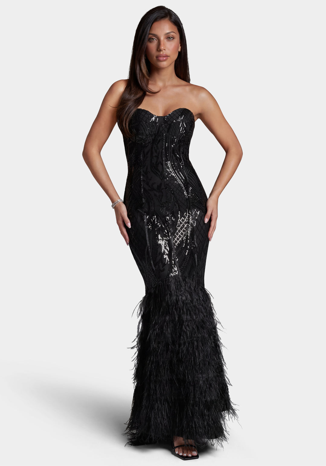 Bebe Women's Sequin Feather Gown, Black, Large Bebe Women's Sequin Feather Gown, Black, Large
