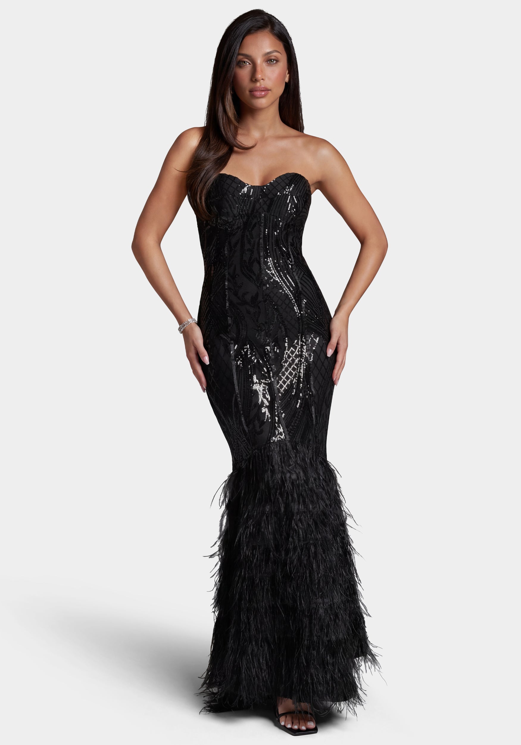 Bebe Women's Sequin Feather Gown, Black, Large
