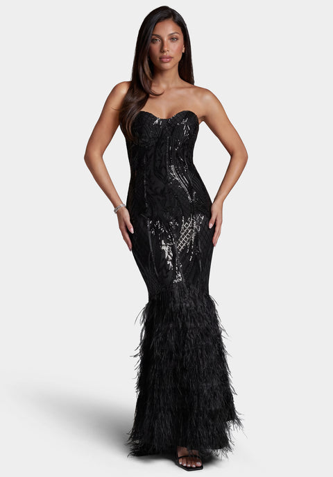 Bebe Women's Sequin Feather Gown, Black, Large