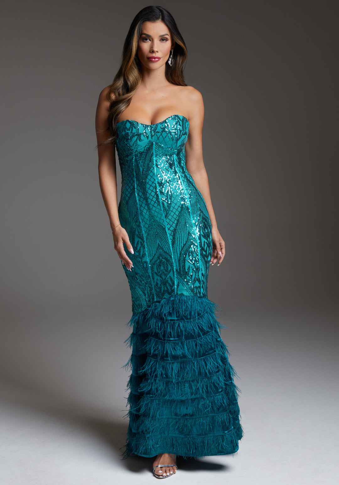 Feather Gown Crystal Teal - bebe Feather Gown Crystal Teal - bebe