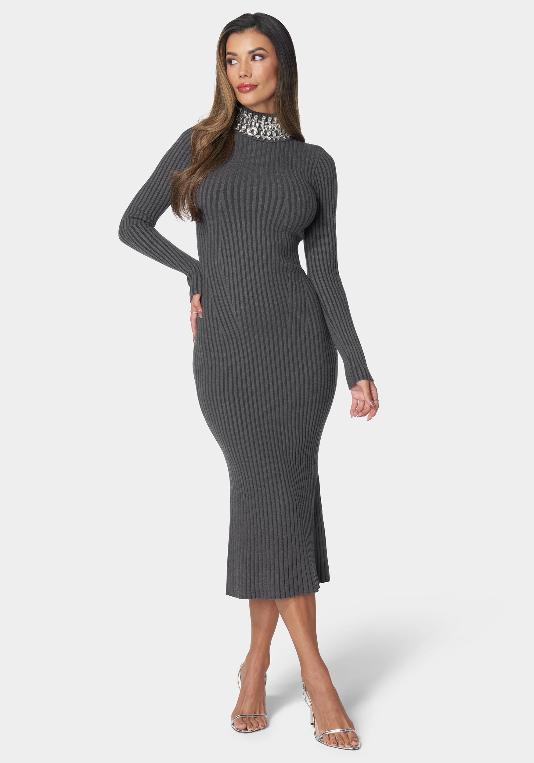Crystal Neck Midi Sweater Dress  bebe