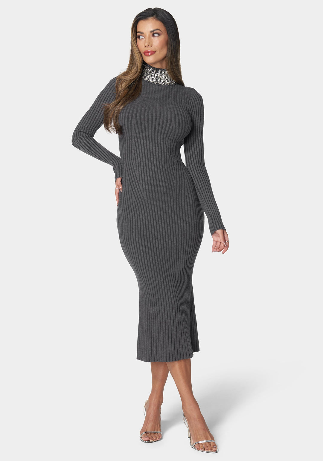 Crystal Neck Midi Sweater Dress bebe Crystal Neck Midi Sweater Dress bebe