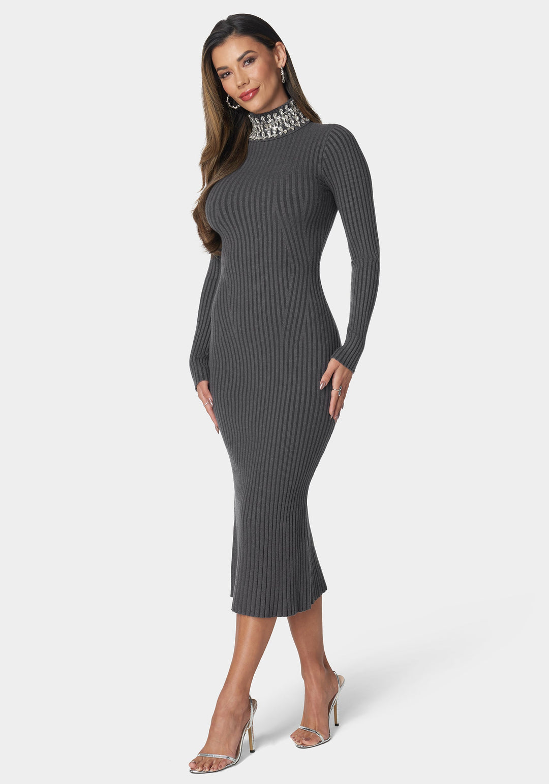 Crystal Neck Midi Sweater Dress bebe Crystal Neck Midi Sweater Dress bebe