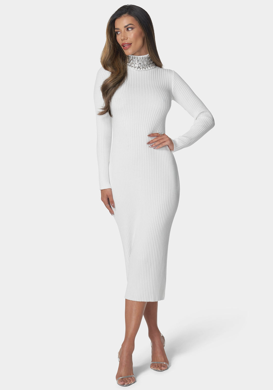 Bebe Women's Crystal Neck Midi Sweater Dress, Size Medium in Snow White/Silver Bebe Women's Crystal Neck Midi Sweater Dress, Size Medium in Snow White/Silver