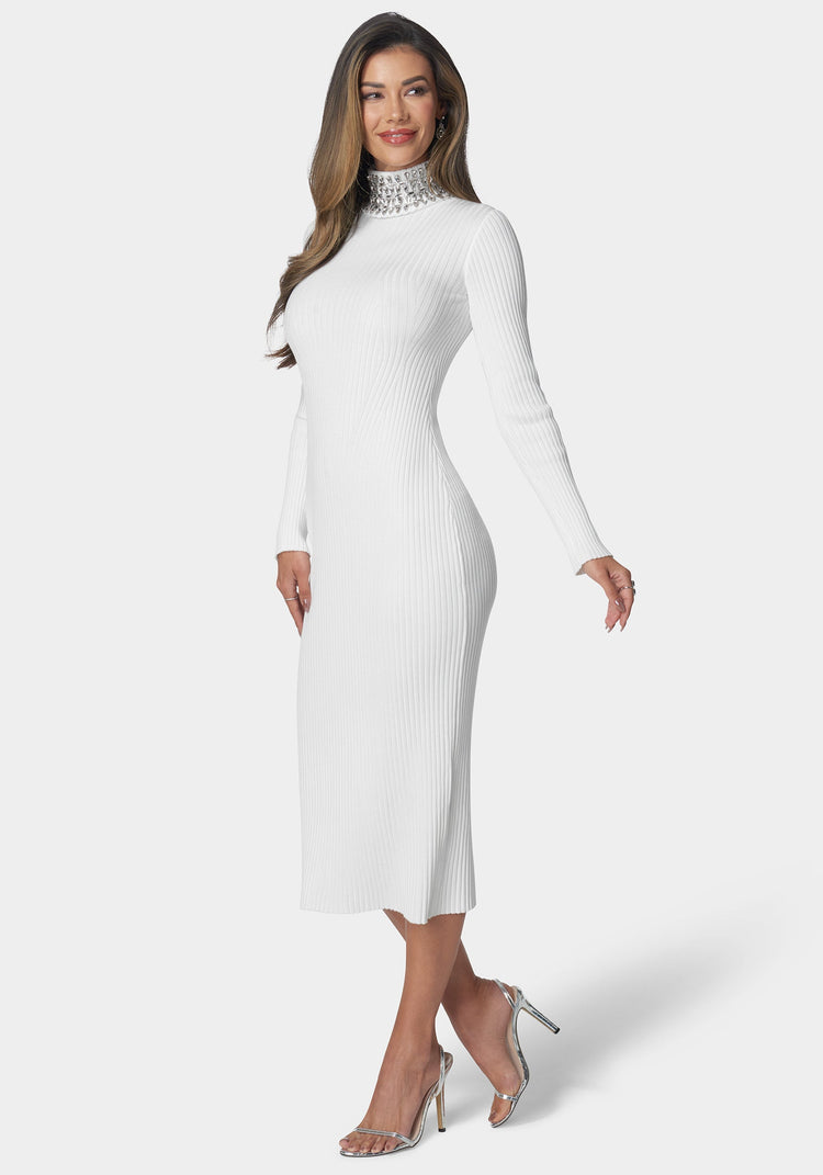 Crystal Neck Midi Sweater Dress bebe