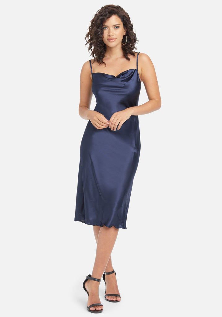 Satin Cowl Neck Slip Midi Dress Navy