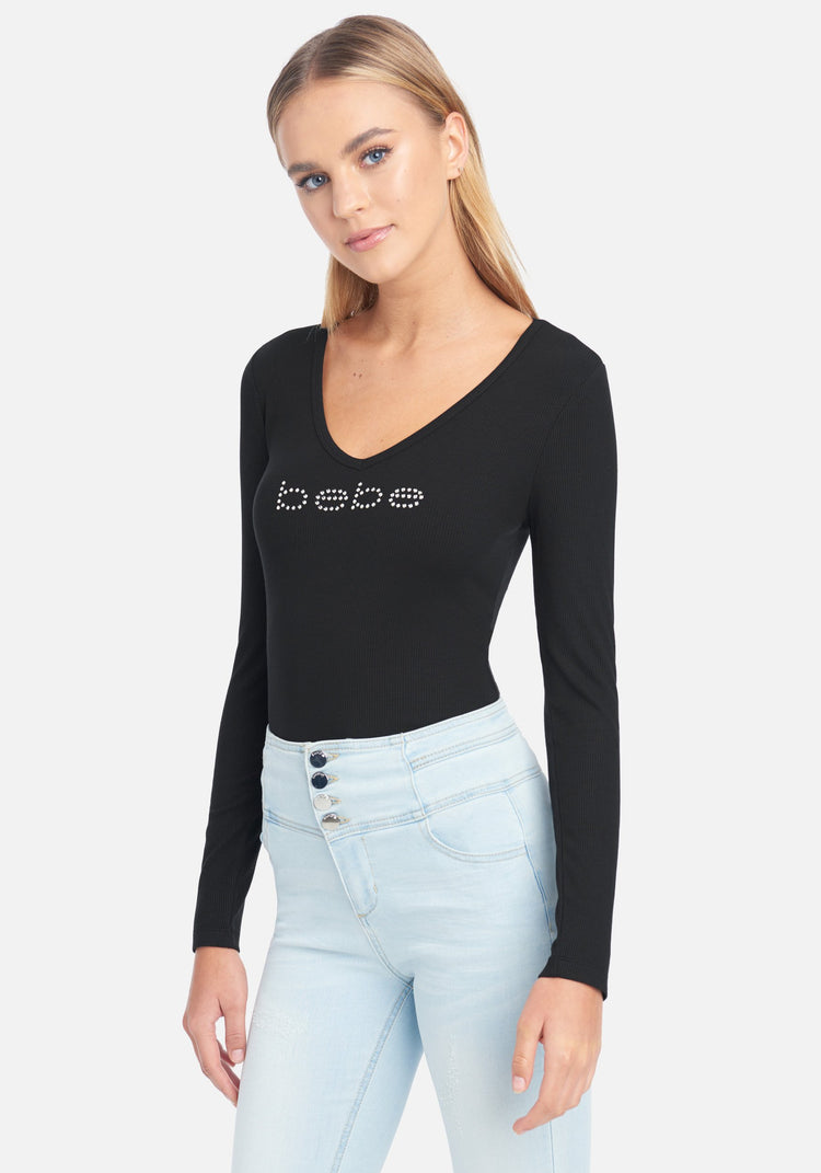 Crystal Logo V-Neck Long Sleeve Tee