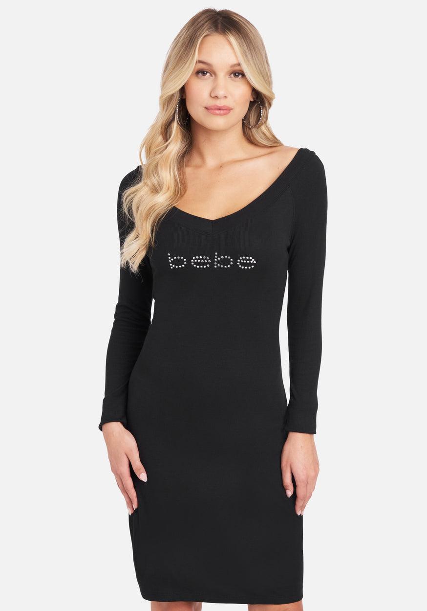 Bebe Logo Rib Halter Dress in Black