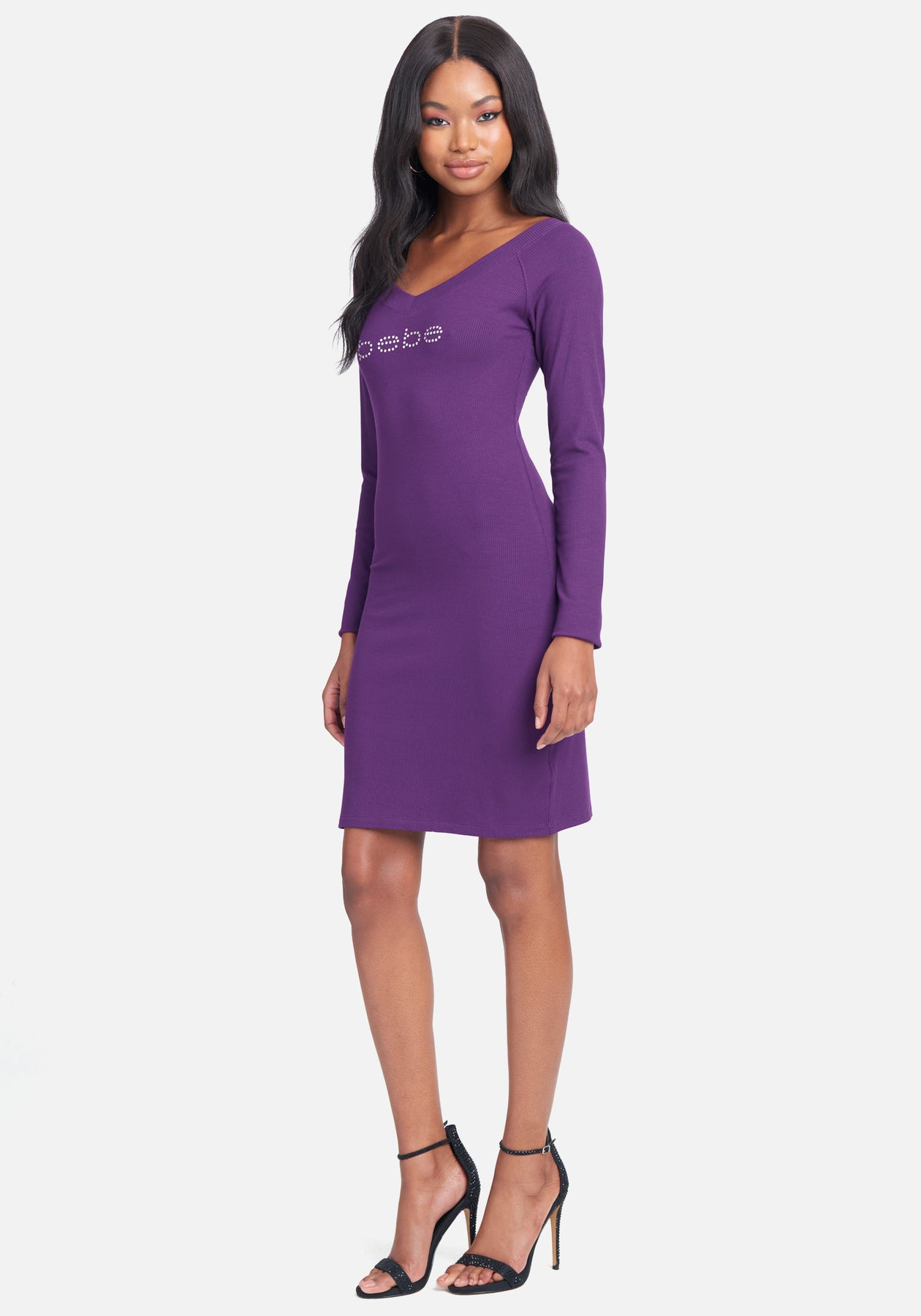 Crystal Logo Long Sleeve Dress in Imperial Purple - bebe Crystal Logo Long Sleeve Dress in Imperial Purple - bebe