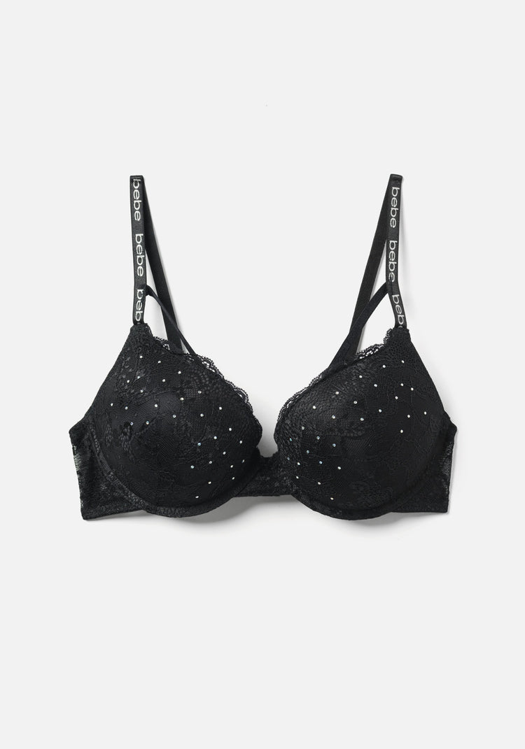 Rhinestone Embellished Convertible Black Bra, Size 34DD 