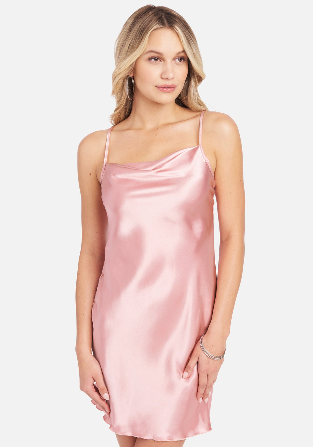 Satin Cowl Neck Slip Mini Dress in Pink - bebe Satin Cowl Neck Slip Mini Dress in Pink - bebe