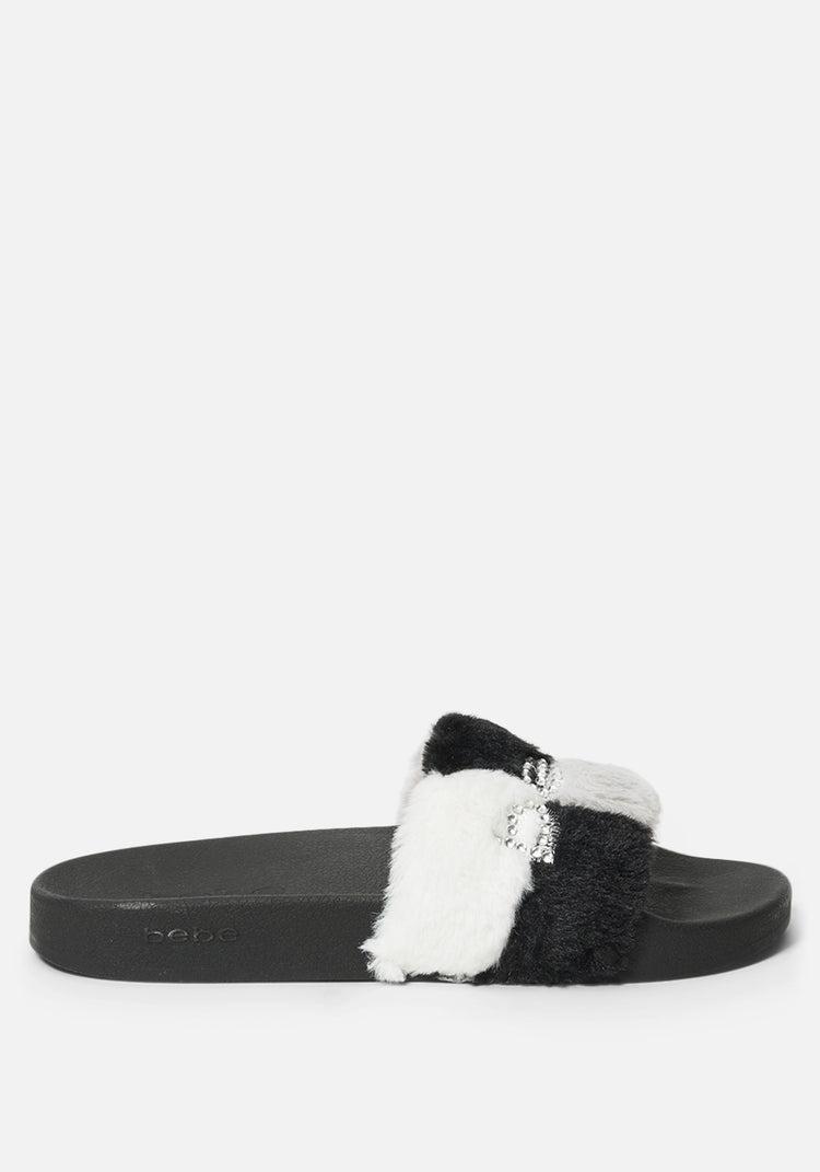 Fantasia Plaid Faux Fur Slides | bebe