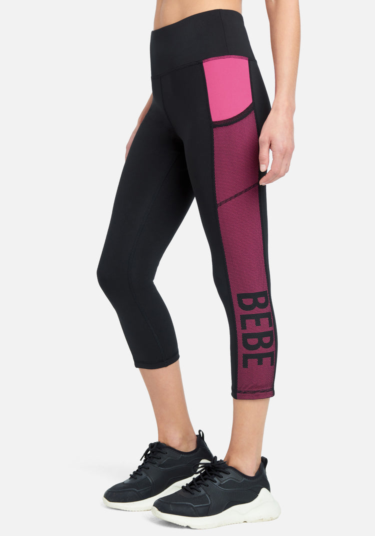 Contrast Mesh Sports Capri With Phone Pocket