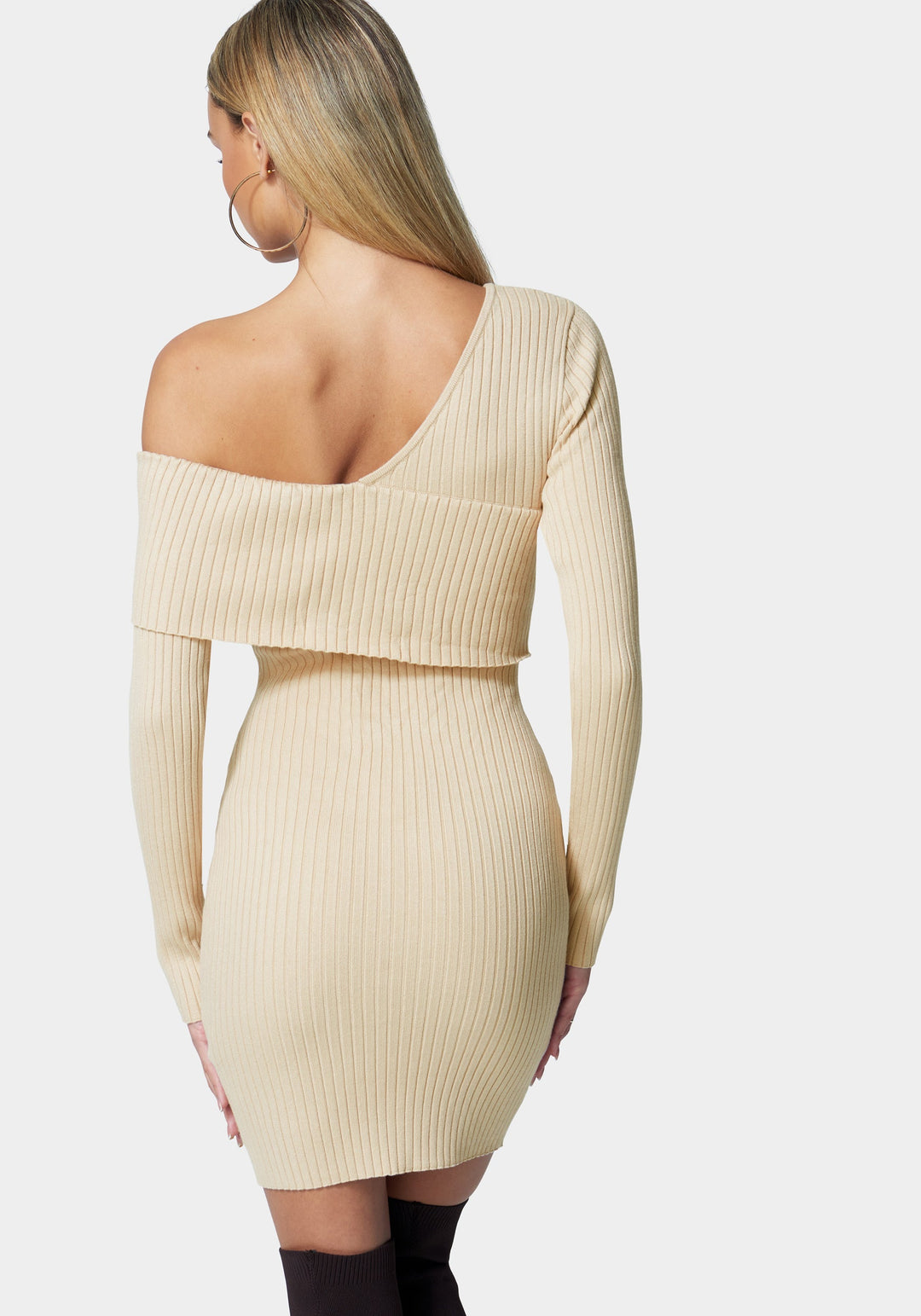 Asymmetrical Off Shoulder Sweater Dress Ivory Cream - bebe Asymmetrical Off Shoulder Sweater Dress Ivory Cream - bebe