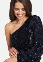 One Shoulder Balloon Sleeve Multi Color Sequin Blouse
