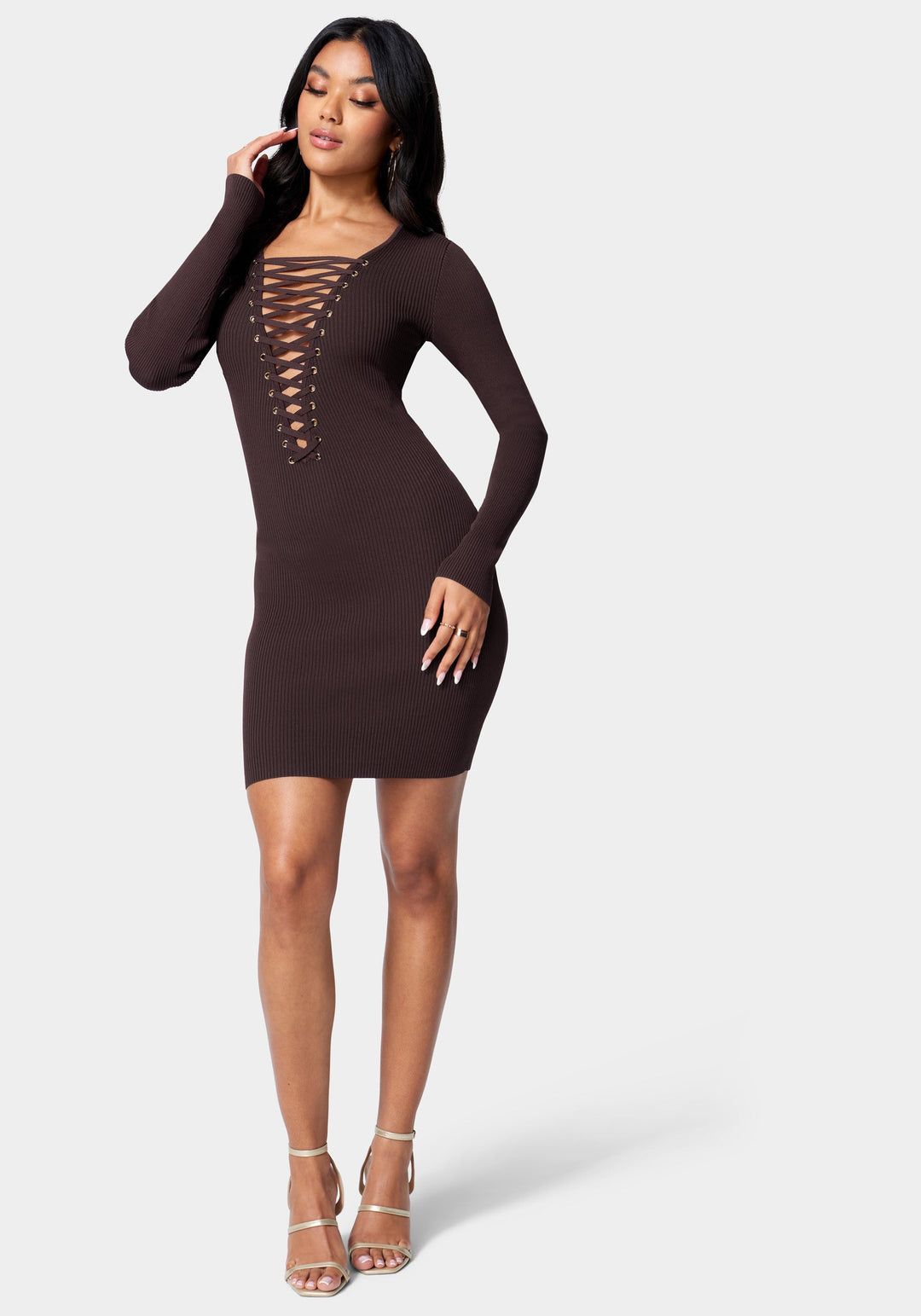 Plunge Neck Lace Up Sweater Dress Plunge Neck Lace Up Sweater Dress