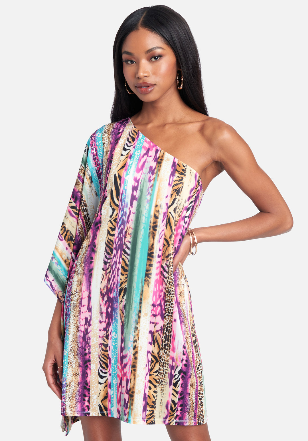 One Shoulder Printed Flowy Dress bebe One Shoulder Printed Flowy Dress bebe