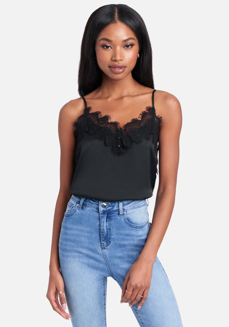 Black Satin Cami Tie Front Crop Top