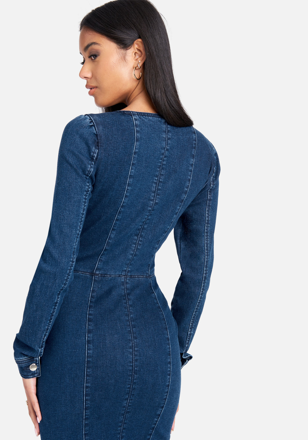 Long Sleeve Zip Front Bustier Denim Dress bebe Long Sleeve Zip Front Bustier Denim Dress bebe