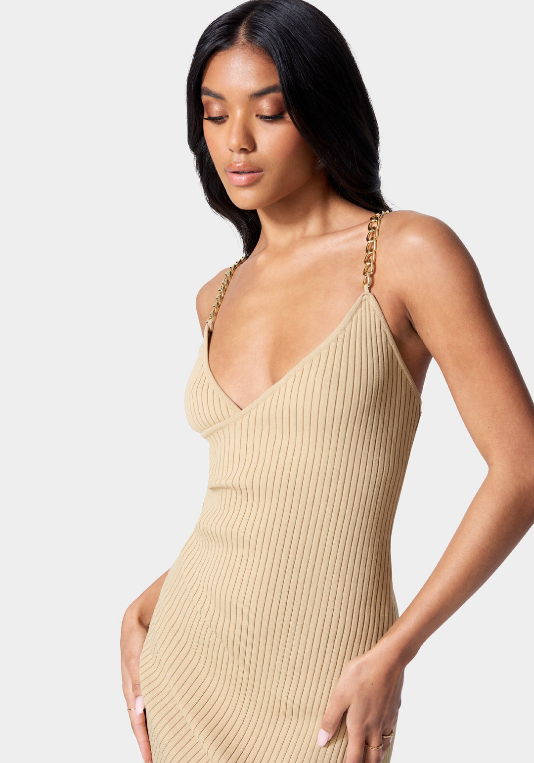 Chain Strap Faux Wrap Dress bebe Chain Strap Faux Wrap Dress bebe