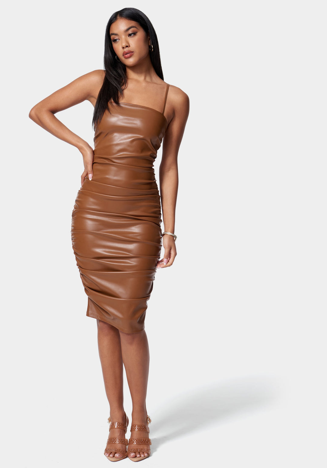 Ruched Midi Vegan Leather Dress bebe Ruched Midi Vegan Leather Dress bebe